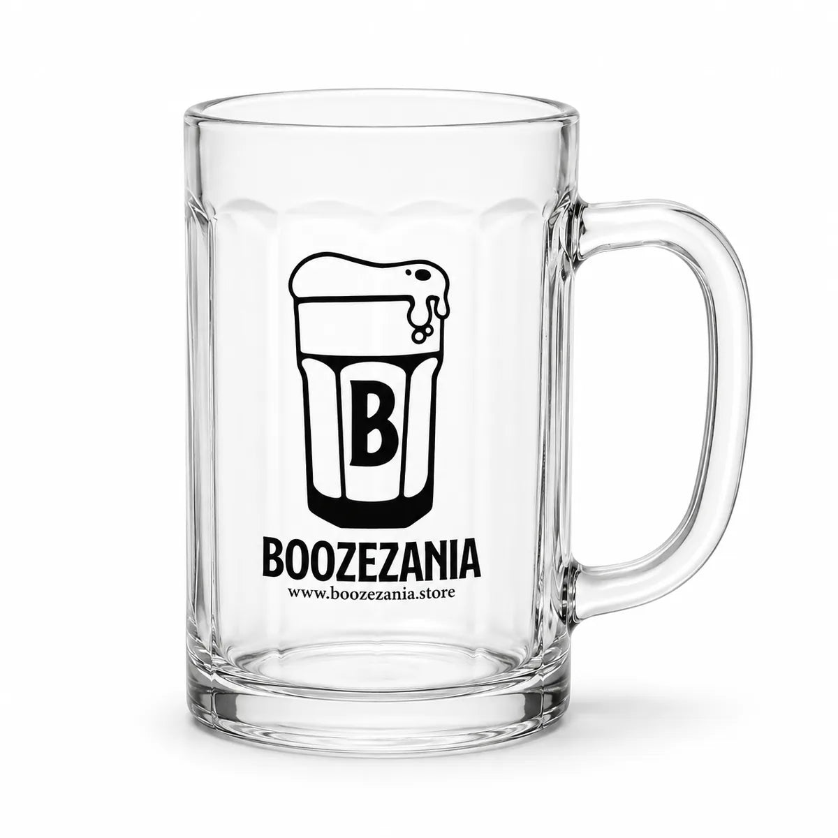 A clear glass beer mug with a black printed graphic of a beer glass containing the letter 'B' and the text 'BOOZEZANIA' and 'www.boozezania.store'