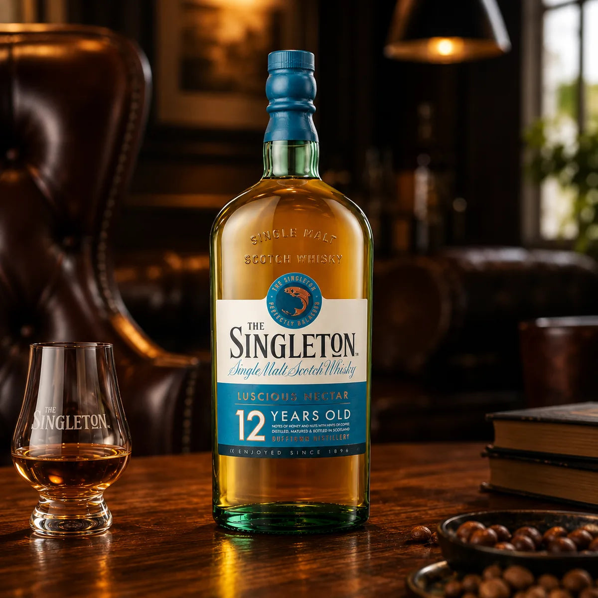 A bottle of The Singleton 12 Years Old single malt Scotch whisky stands on a wooden table in a warm, dimly lit room, with a matching branded whisky glass and books nearby.