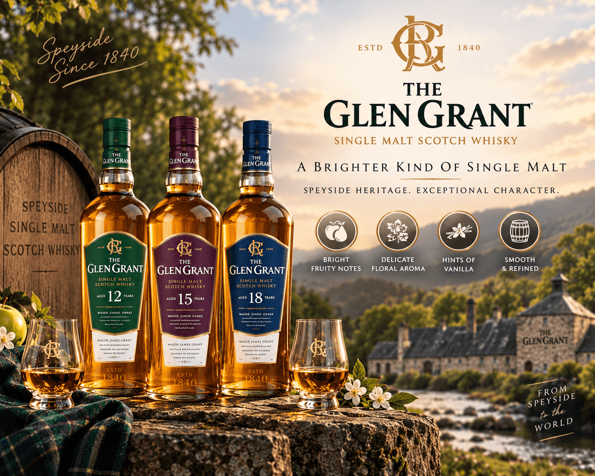 Three bottles of The Glen Grant single malt Scotch whisky lined up on a stone surface outdoors, with two filled whisky glasses, a barrel, and a scenic loch-and-castle background. Large product text and branding appear on the right side of the image.