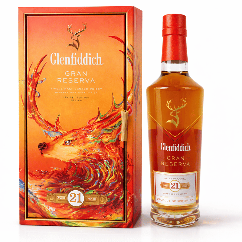Glenfiddich Gran Reserva 21-year-old whisky bottle and packaging with a phoenix design.