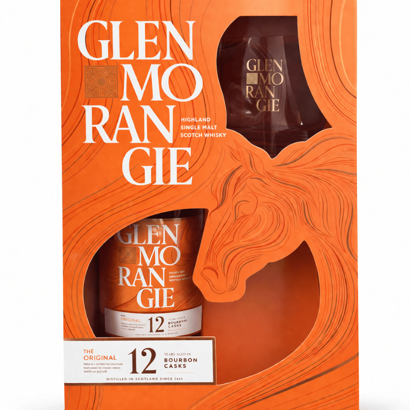 Glen Morangie whisky packaging with horse design on an orange background