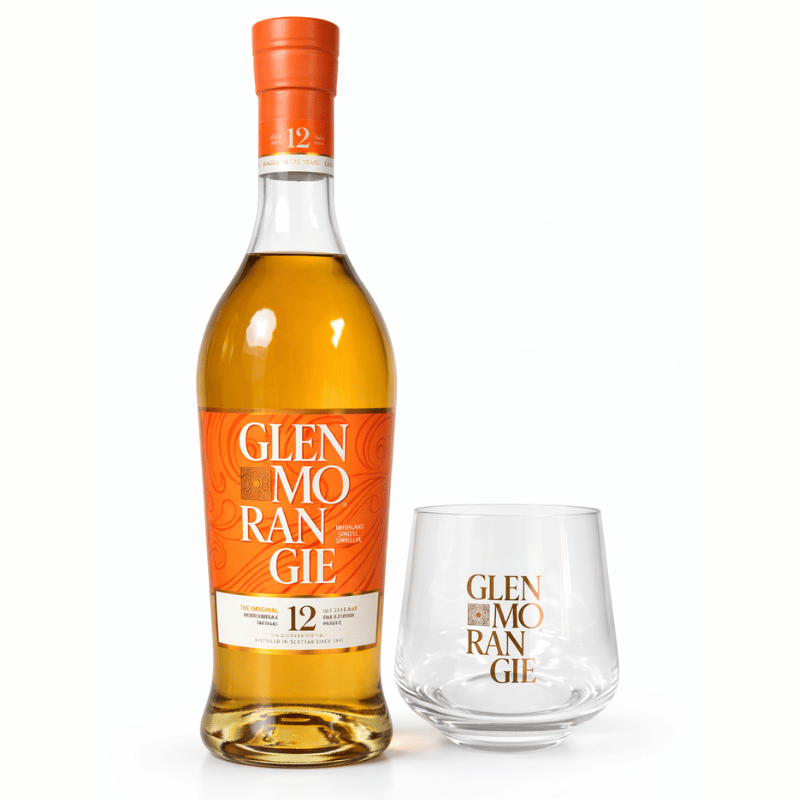 Glenmorangie 12 Year Old single malt Scotch whisky gift set with branded glass on white background
