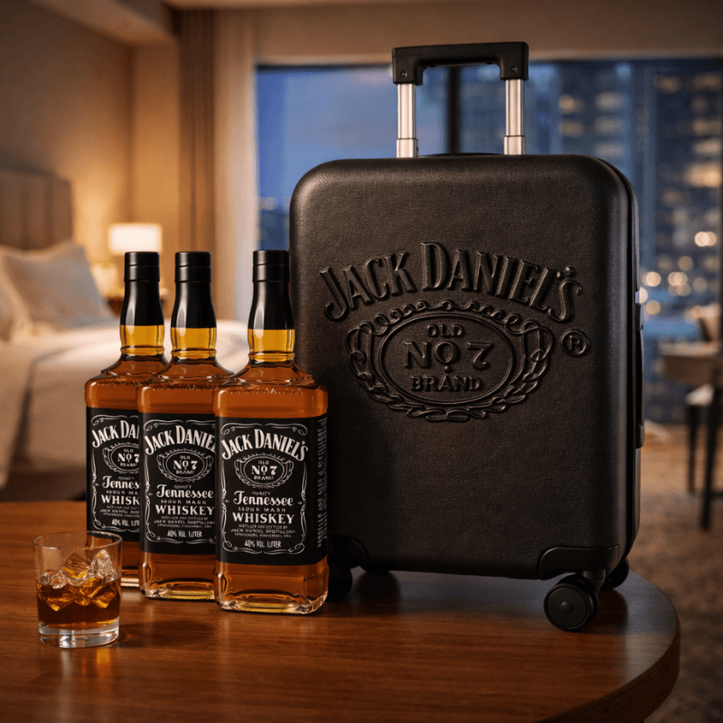 Black Jack Daniel's suitcase with bottles and a glass on a wooden table.