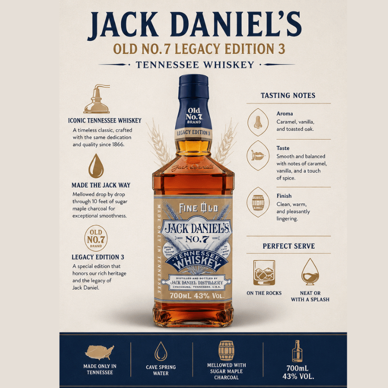A promotional graphic for a bottle of Jack Daniel's Old No. 7 Legacy Edition 3 Tennessee Whiskey, centered on a light beige background with text callouts about flavor notes, production details, and serving suggestions.