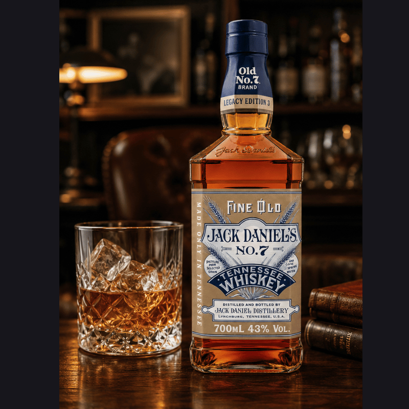 A bottle of Jack Daniel's No. 7 Tennessee Whiskey stands on a wooden bar next to a cut glass filled with ice and whiskey, with blurred bar shelves in the background.