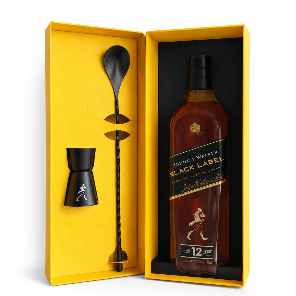 Johnnie Walker Black Label 12 Year Old 750ml gift set with bar spoon and jigger on clean white background