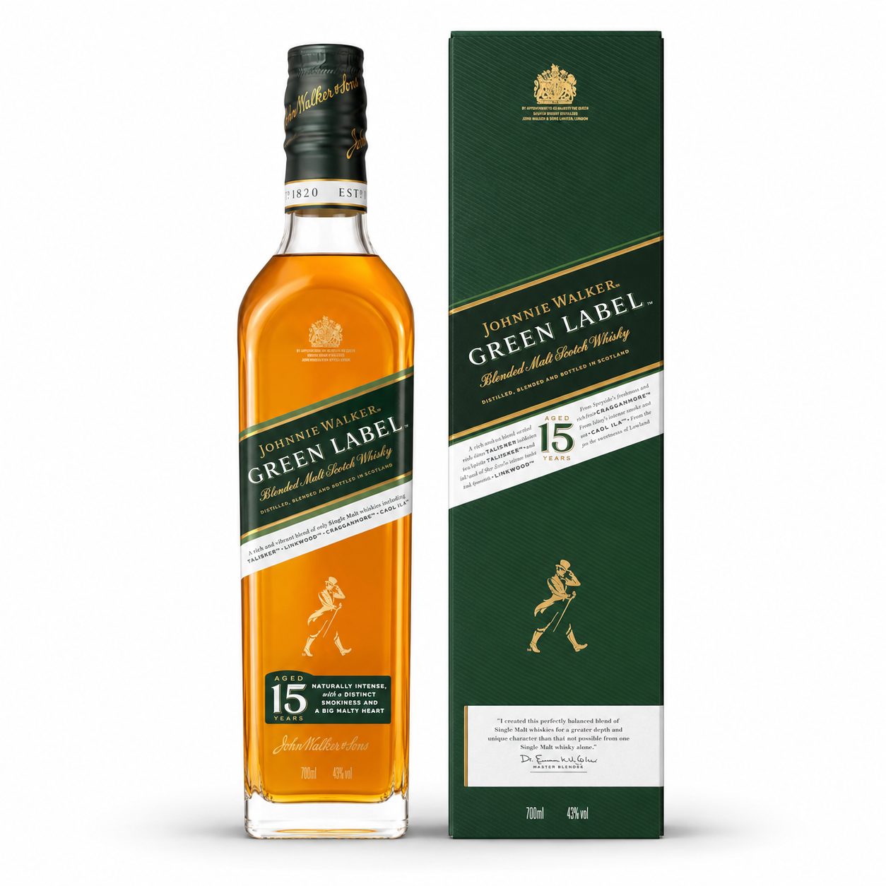 Johnnie Walker Green Label 15 Year Old Blended Malt Scotch Whisky 750ml bottle with green presentation box