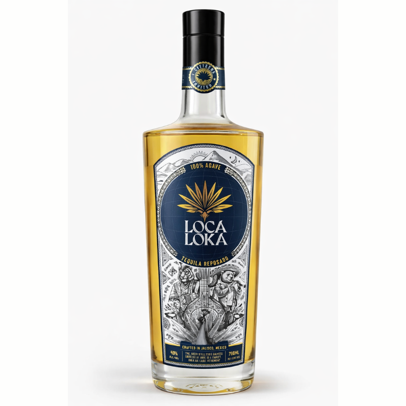 Loca Loka Tequila Reposado 750ml bottle on white background, 100% agave tequila from Jalisco Mexico