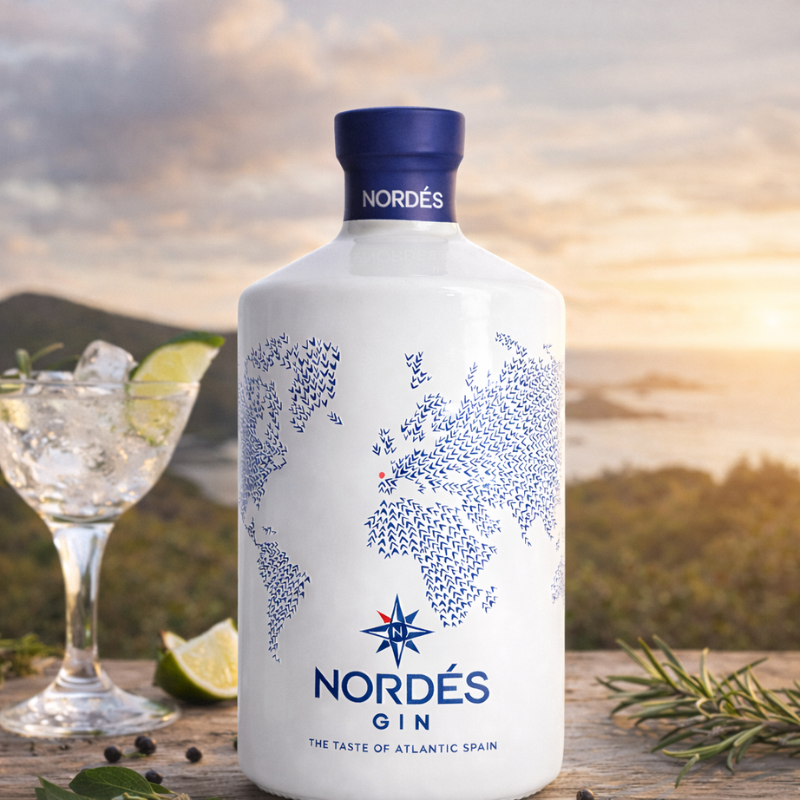 Nordés Atlantic Galician Gin bottle with gin and tonic at sunset coastal setting