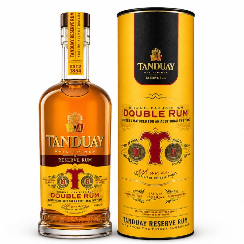 Tanduay Reserve Double Rum 750ml bottle with premium canister packaging on white background
