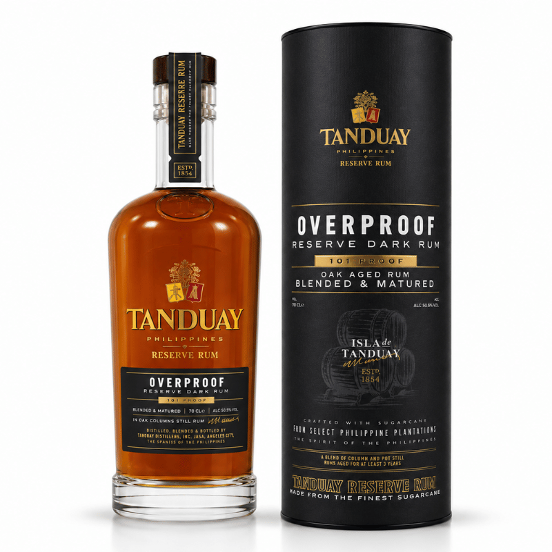 Tanduay Reserve Overproof Dark Rum 700ml bottle with premium gift canister on white background