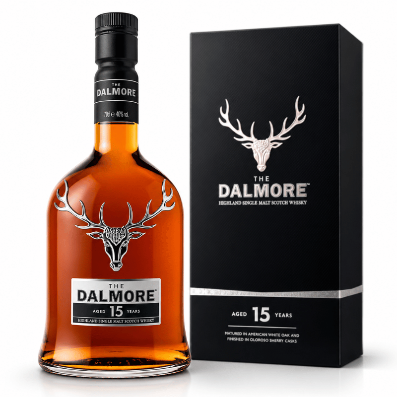 The Dalmore whisky bottle and packaging on a white background