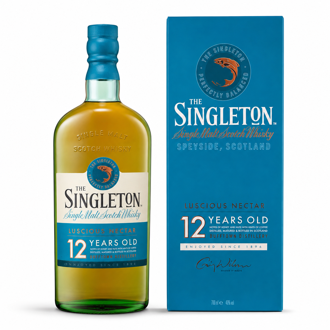 A bottle of The Singleton Luscious Nectar 12 Years Old Scotch whisky stands next to its blue packaging box on a white background.
