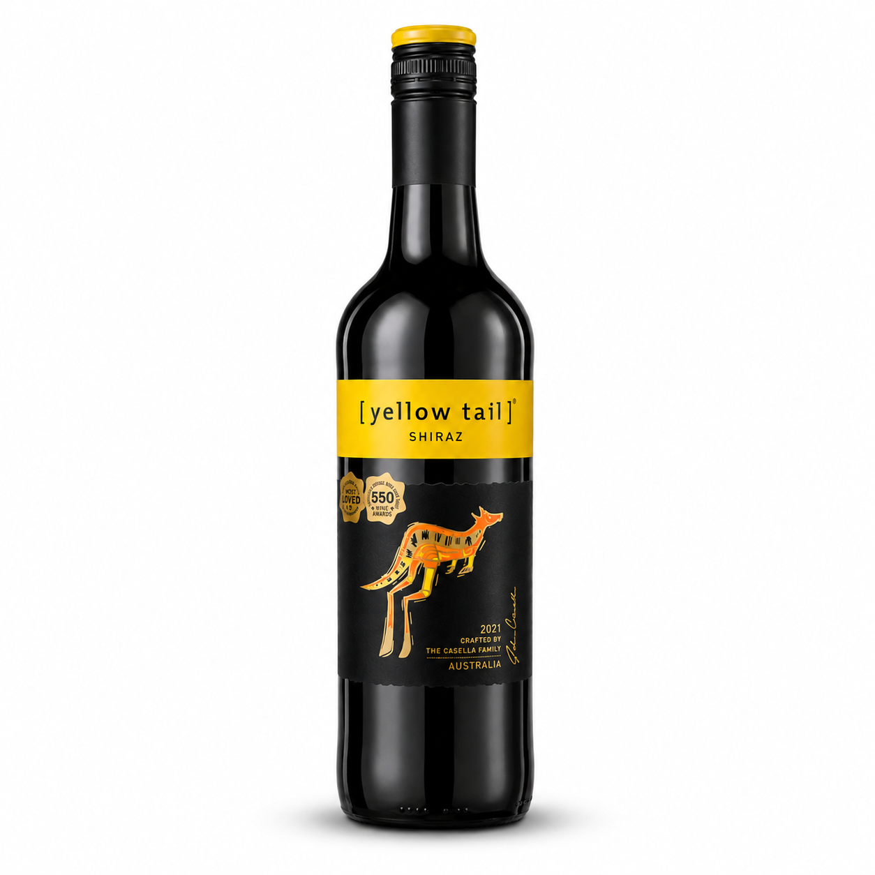 Yellow Tail Shiraz 750ml bottle, Australian red wine with yellow label and kangaroo, on white background