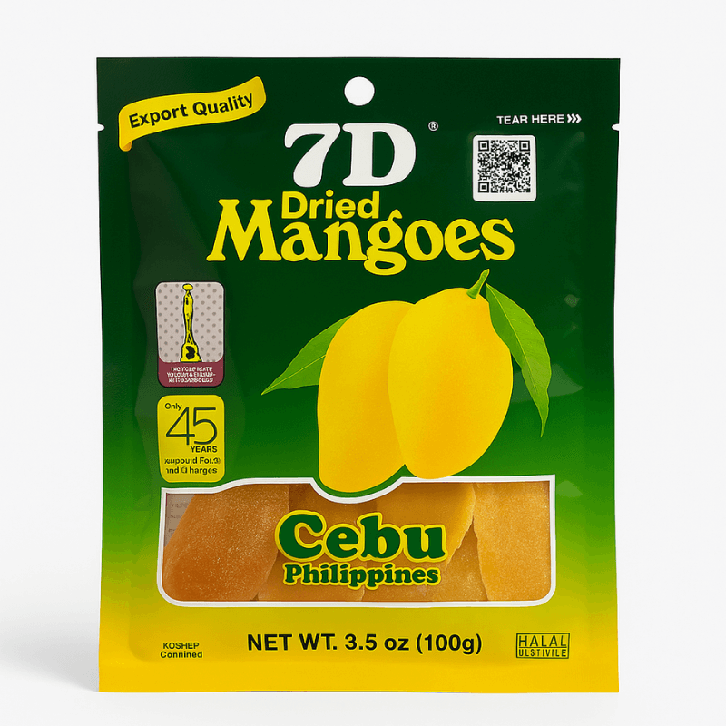 Packaging of 7D Dried Mangoes from Cebu, Philippines with green and yellow design.