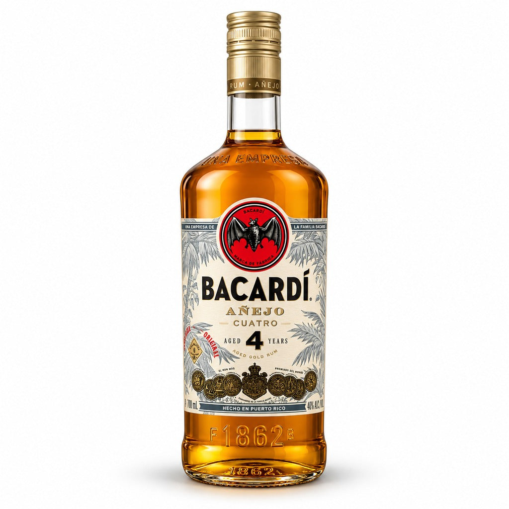 Bacardí Añejo Cuatro Aged Gold Rum bottle, 700ml.