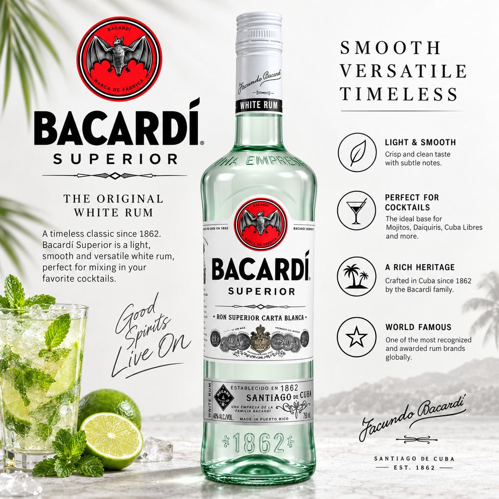 Bacardí Superior White Rum product highlights infographic.