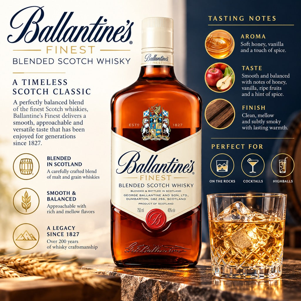 Ballantine's Finest Blended Scotch Whisky tasting notes and specifications infographic.