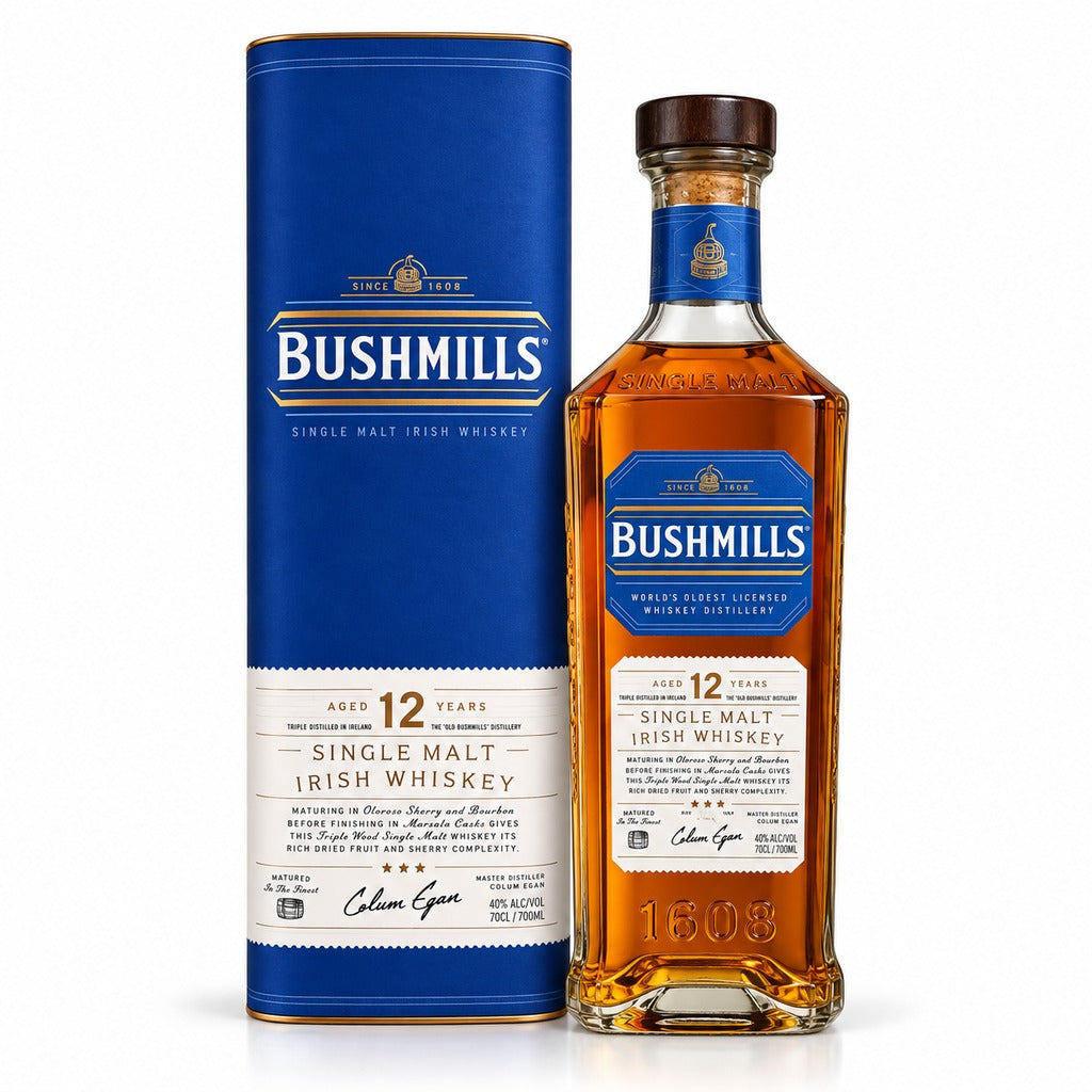 Bushmills 12 Year Old Single Malt Irish Whiskey bottle and blue gift tube, 700ml.