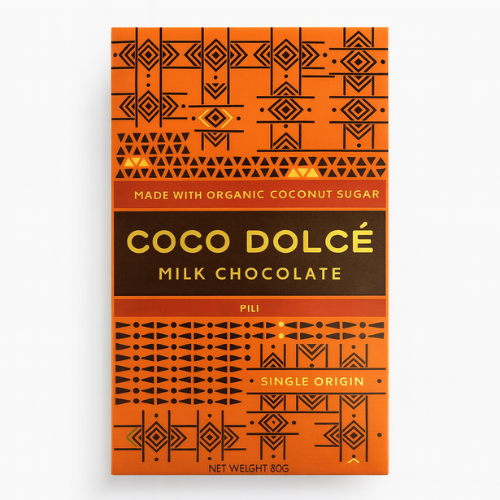 Coco Dolce milk chocolate packaging with orange and black design on a white background