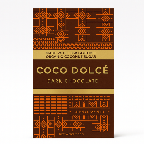Coco Dolce dark chocolate packaging with geometric patterns on a white background