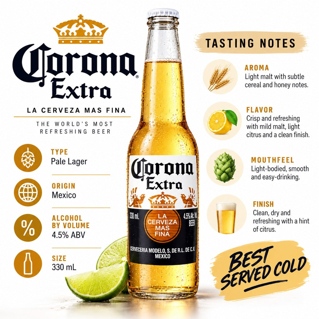 Corona Extra 330ml infographic with tasting notes, origin and ABV