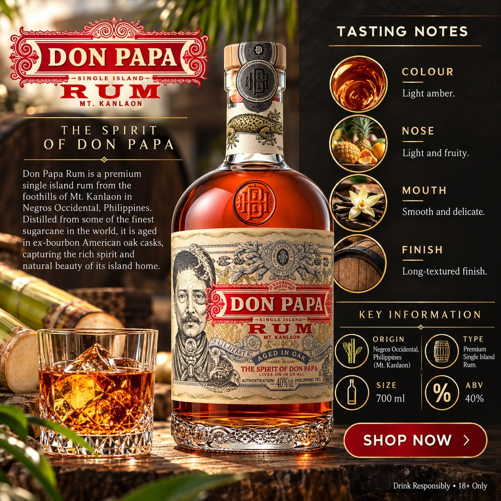 Don Papa 7 Year Old Philippine rum 700ml infographic with tasting notes, origin and ABV