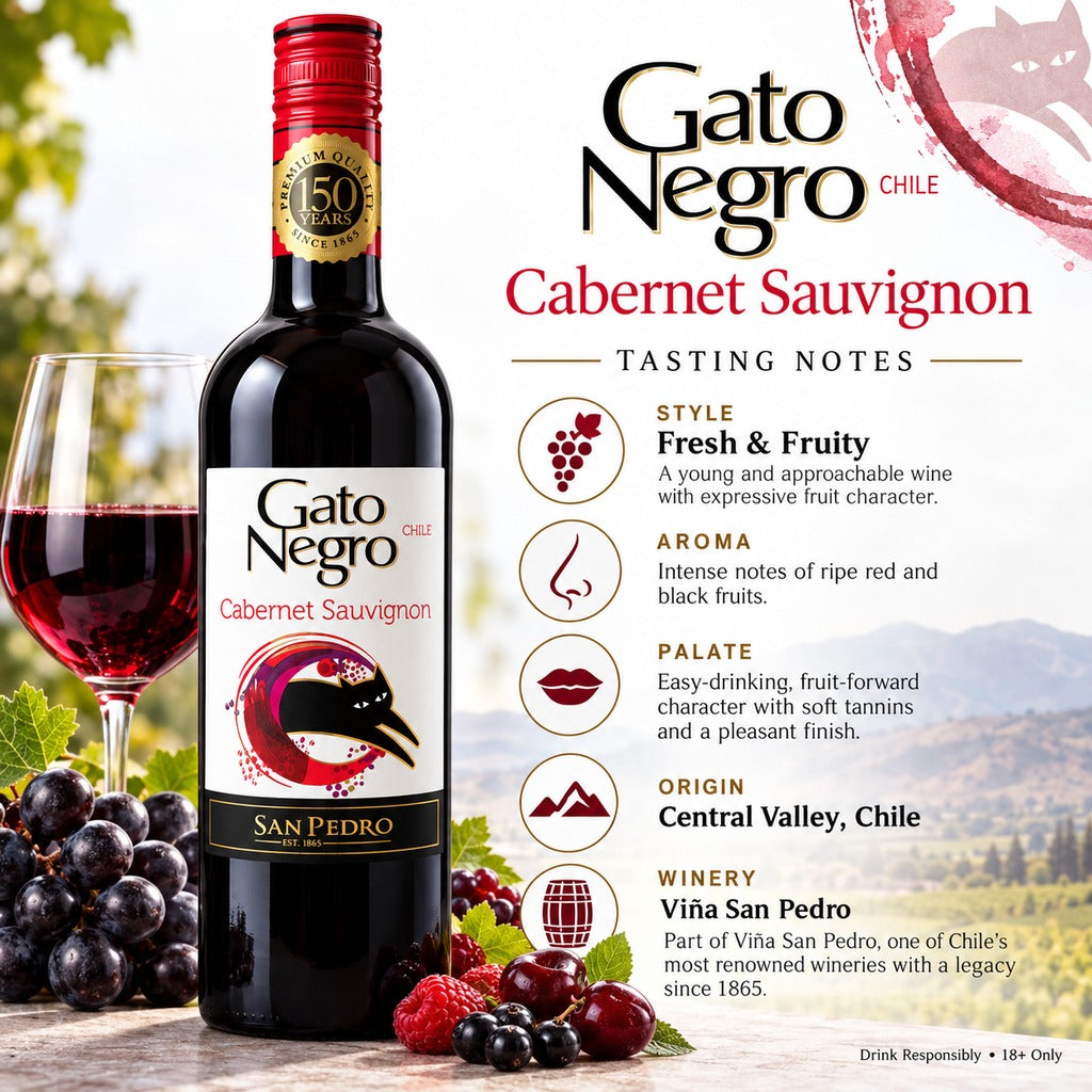 Gato Negro Cabernet Sauvignon Chilean Red Wine 750ml infographic with tasting notes