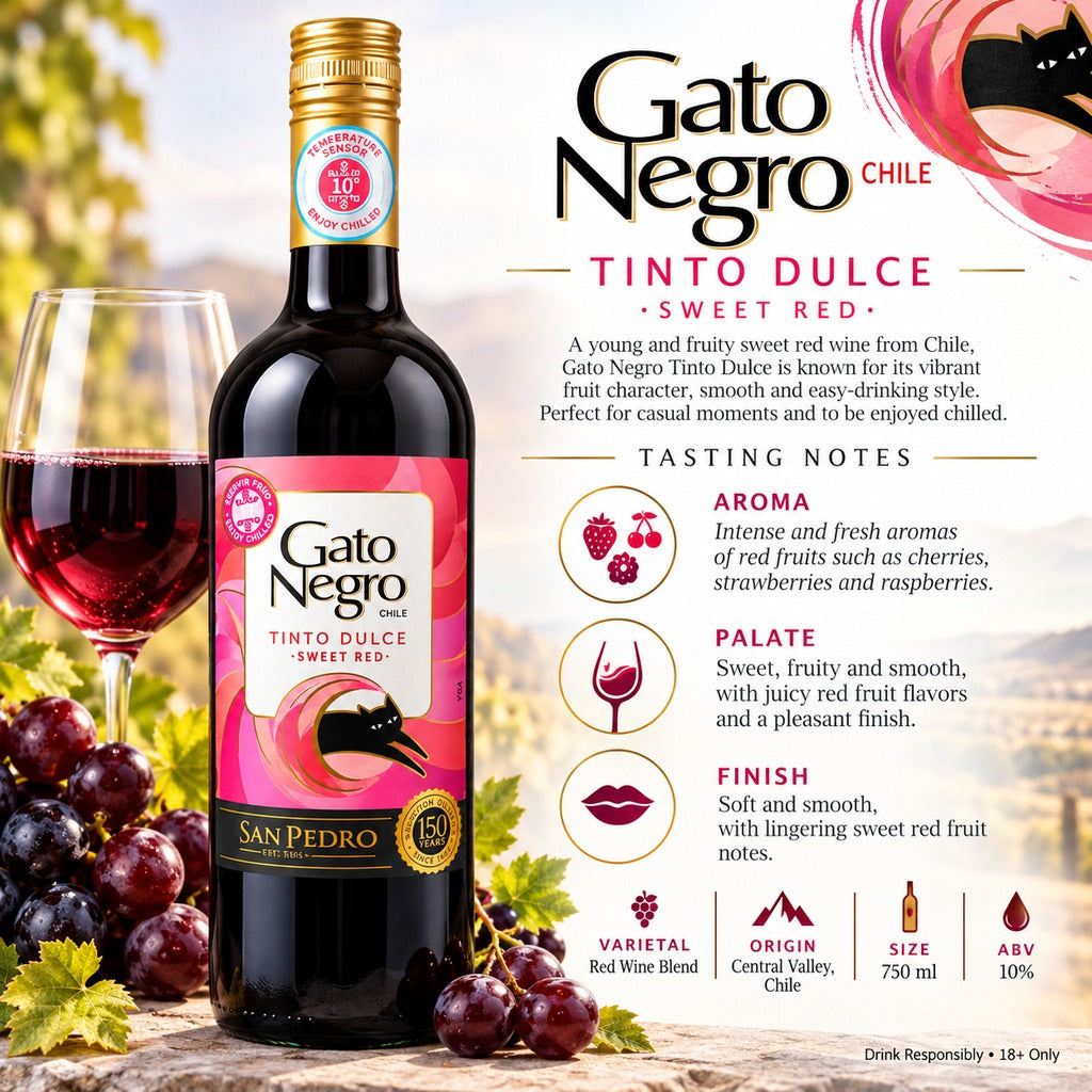 Gato Negro Tinto Dulce Sweet Red Wine 750ml infographic with tasting notes