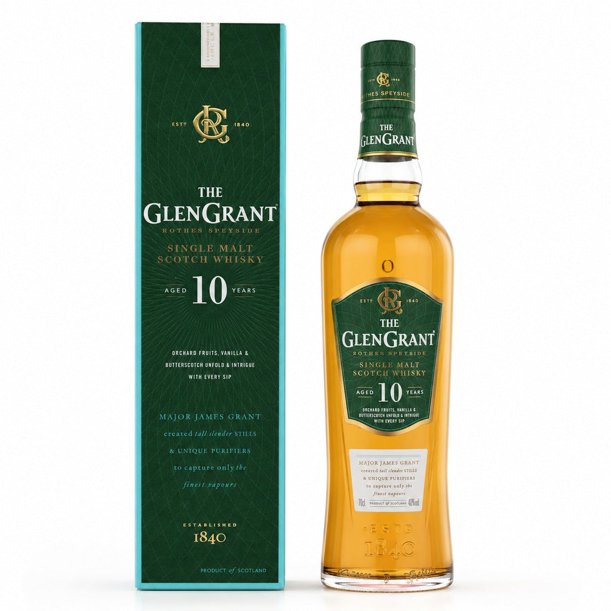 The Glen Grant 10 Year Old Single Malt Scotch Whisky bottle and green gift box, 700ml.
