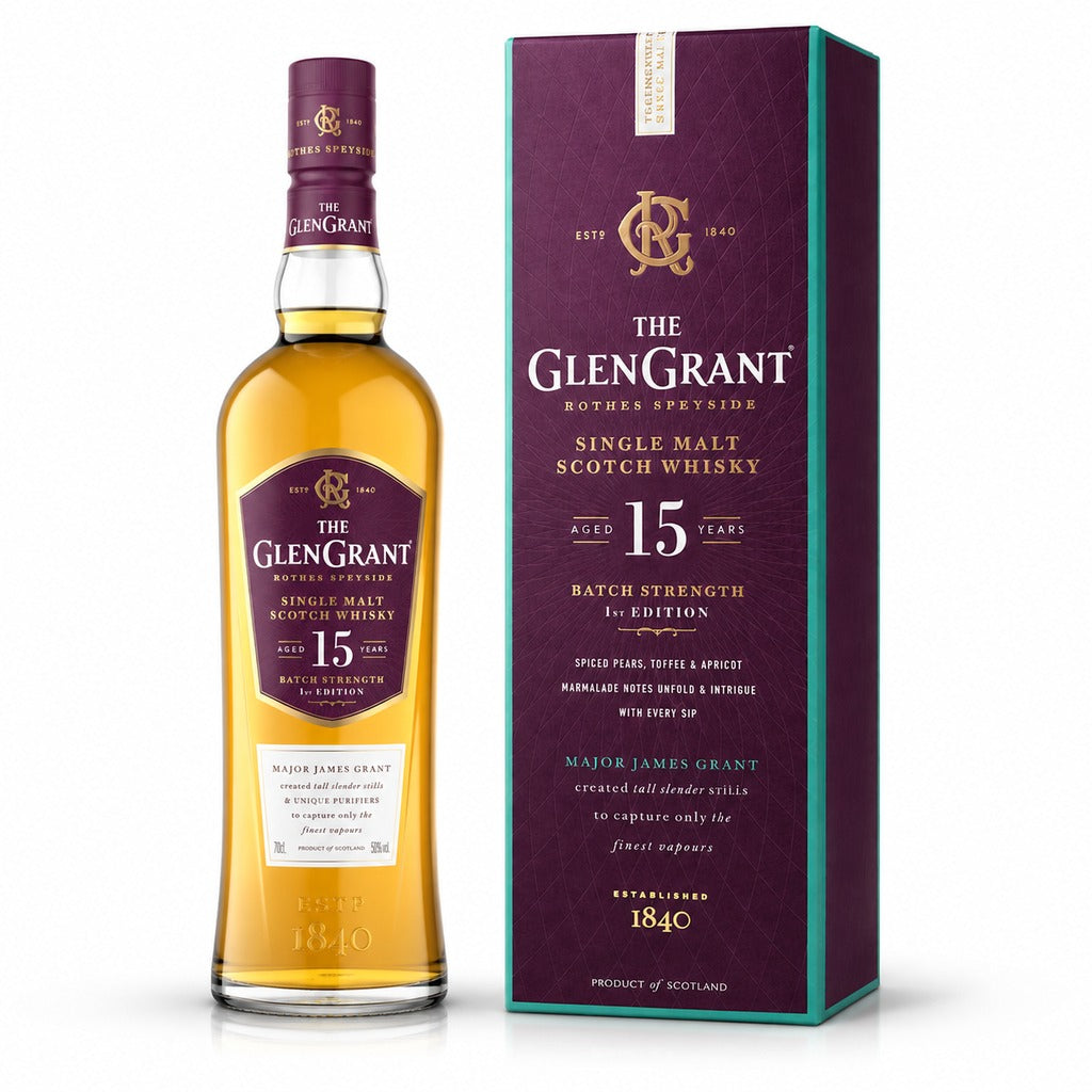 The Glen Grant 15 Year Old Batch Strength 1st Edition Single Malt Scotch Whisky bottle and plum gift box, 700ml.