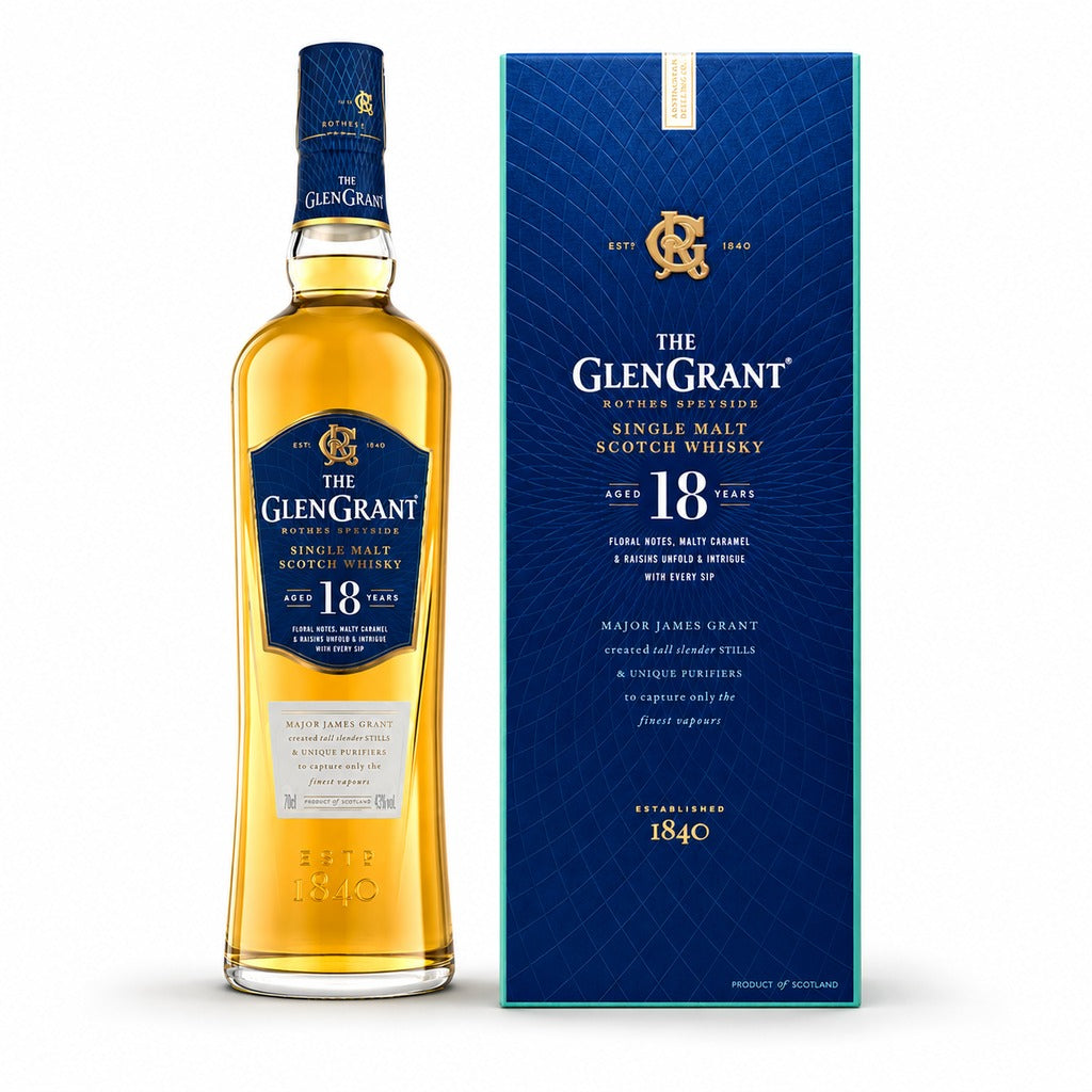 The Glen Grant 18 Year Old Single Malt Scotch Whisky bottle and navy gift box, 700ml.