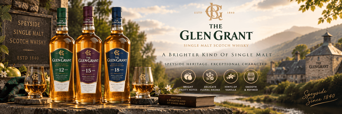 A promotional banner for Glen Grant Single Malt Scotch Whisky, featuring three bottles of whisky with colorful labels and two glasses on a rustic stone table. The background depicts a scenic landscape of Speyside with a stone mill and mountains under a warm sunset sky.