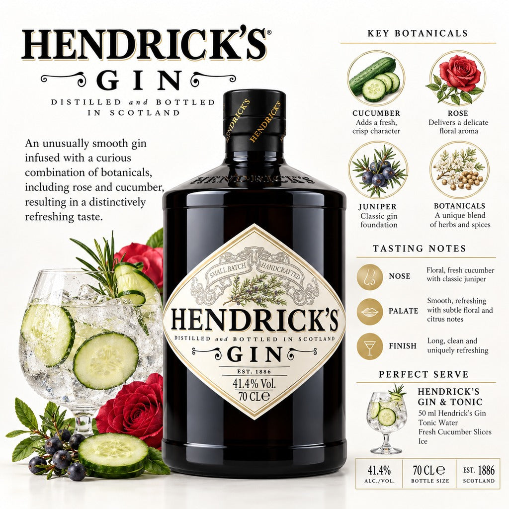 Hendrick's Gin key botanicals and tasting notes infographic.