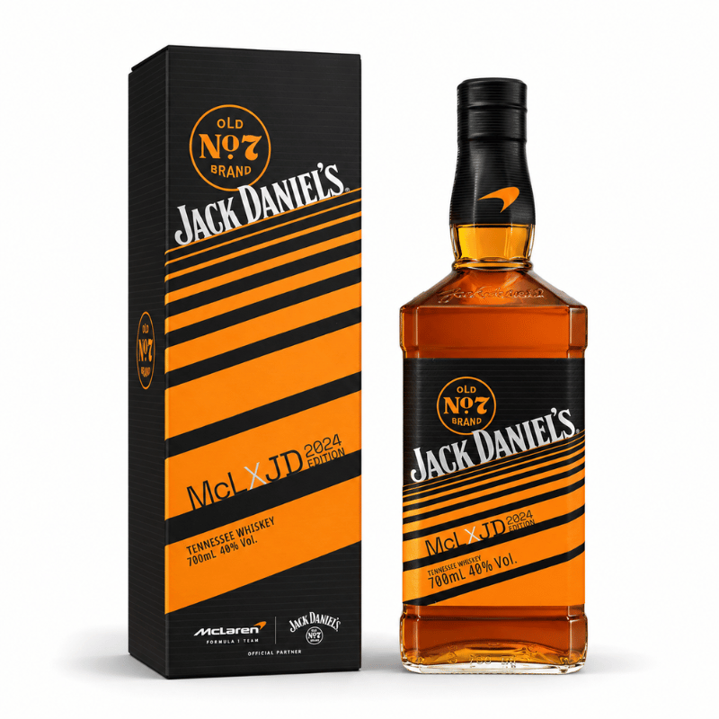 Jack Daniel's Old No. 7 McLaren Formula 1 Team 2024 Limited Edition Tennessee Whiskey 700mL with gift box on white background