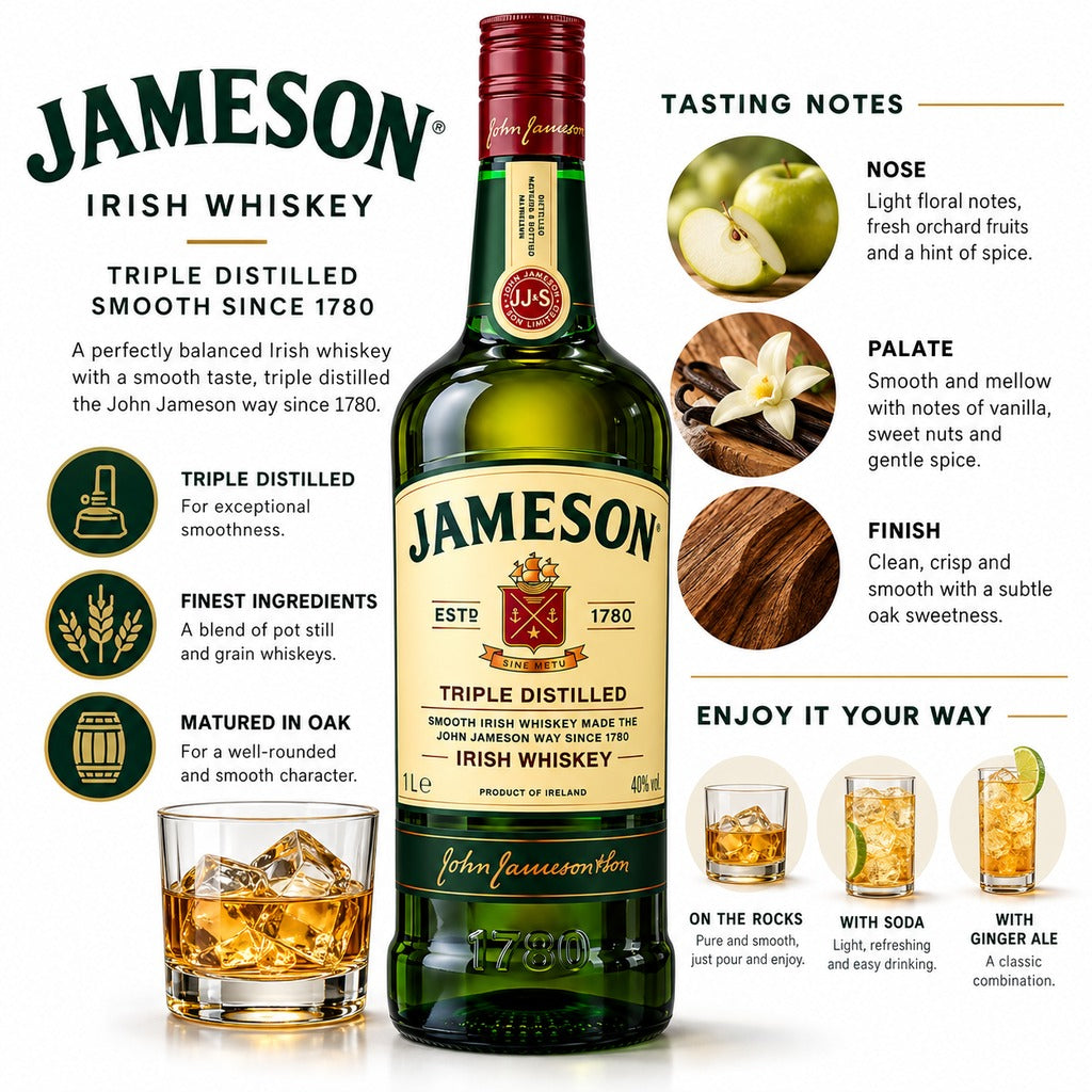 Jameson Original Triple Distilled Irish Whiskey 1L infographic with tasting notes and serving suggestions