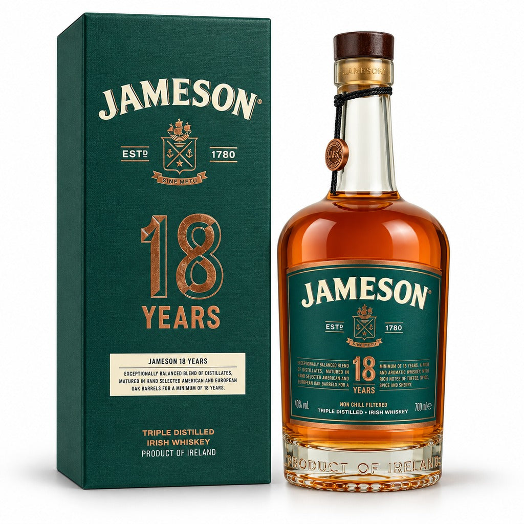Jameson 18 Year Old Triple Distilled Irish Whiskey bottle and green gift box, 700ml.