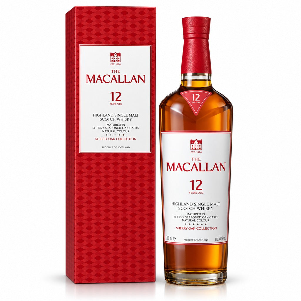 The Macallan 12 Year Old Sherry Oak Highland Single Malt Scotch Whisky bottle and red gift box, 700ml.