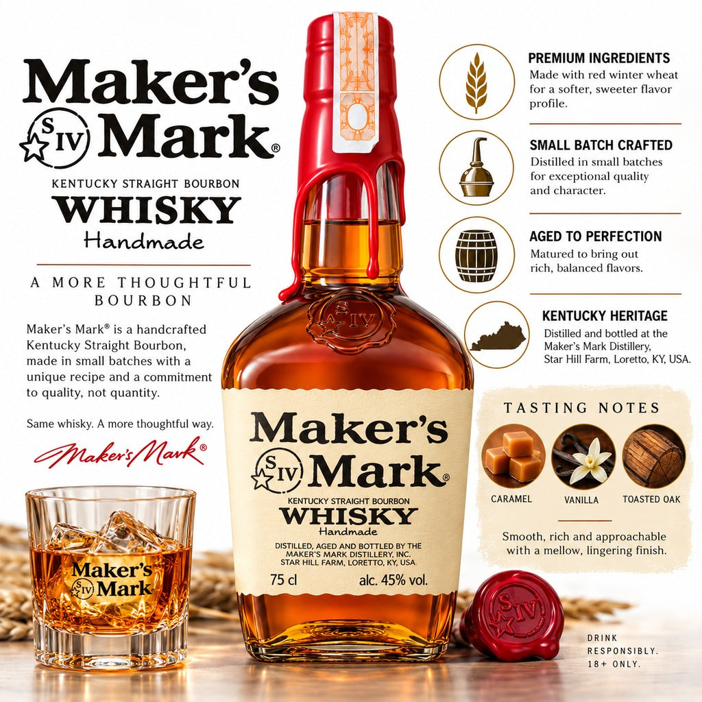 Maker's Mark Kentucky Straight Bourbon Whisky tasting notes and specifications infographic.