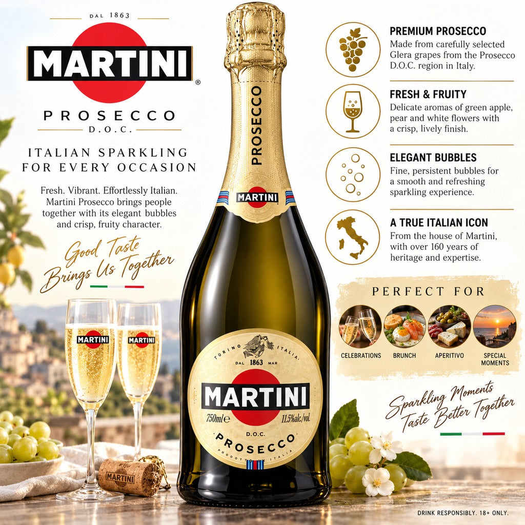 Martini Prosecco D.O.C. product highlights and food pairing infographic.