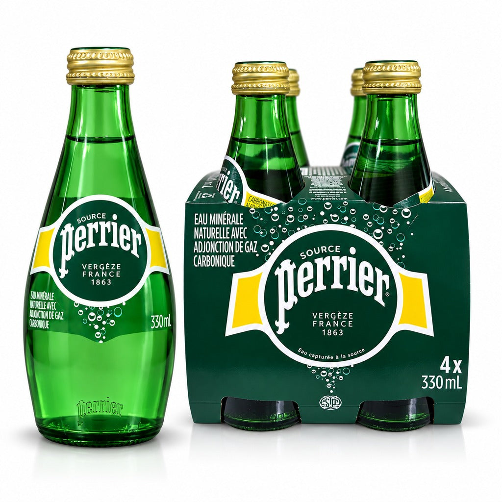 Perrier Natural Sparkling Mineral Water bottle and 4x330ml pack.