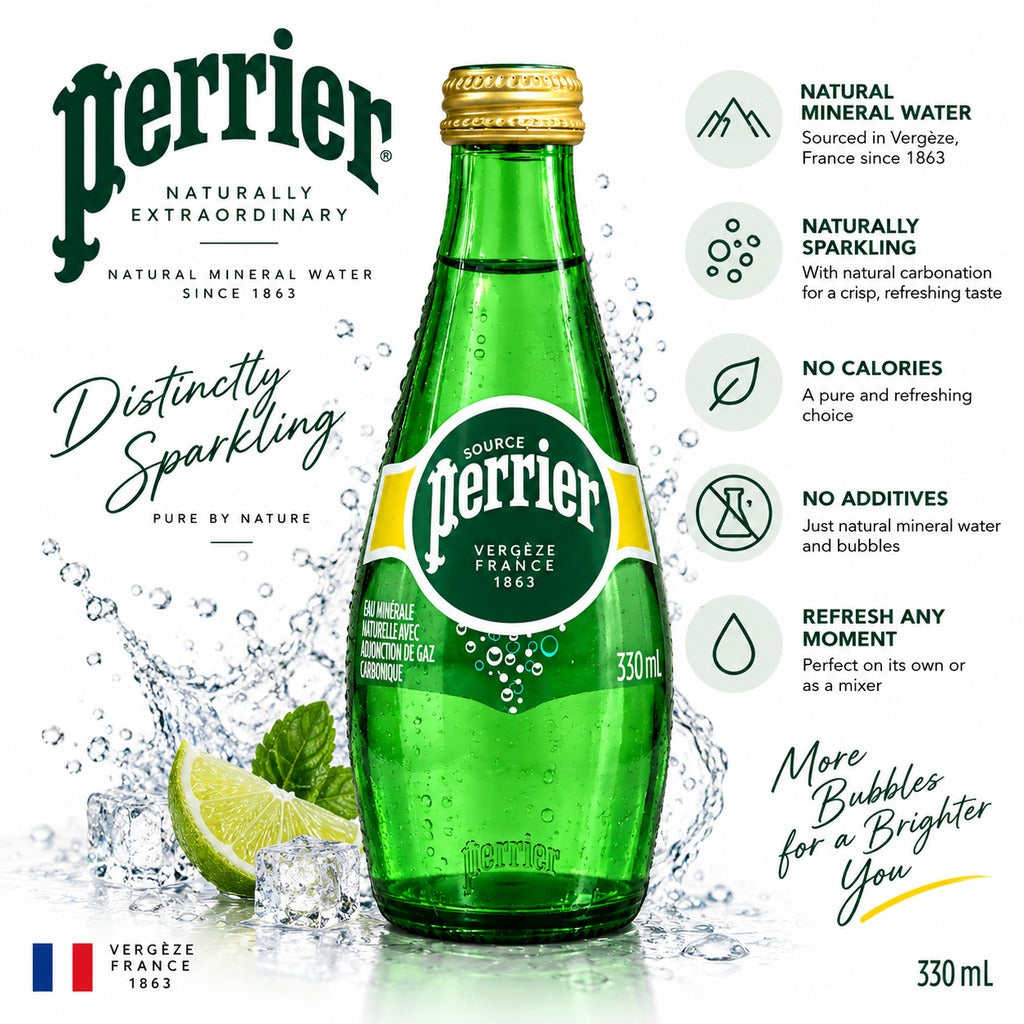 Perrier Natural Sparkling Mineral Water product highlights infographic.