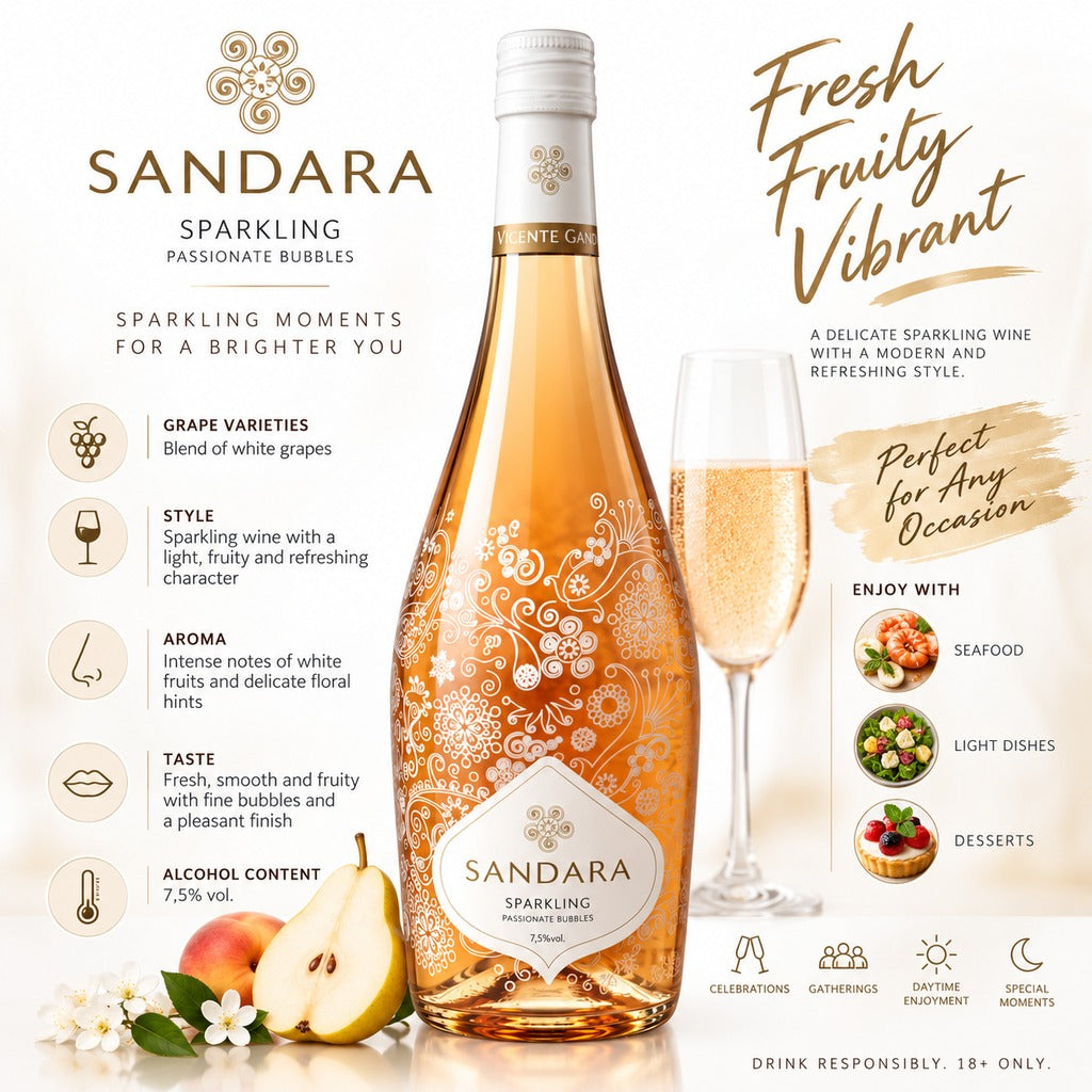 Sandara Sparkling Rose product highlights infographic.
