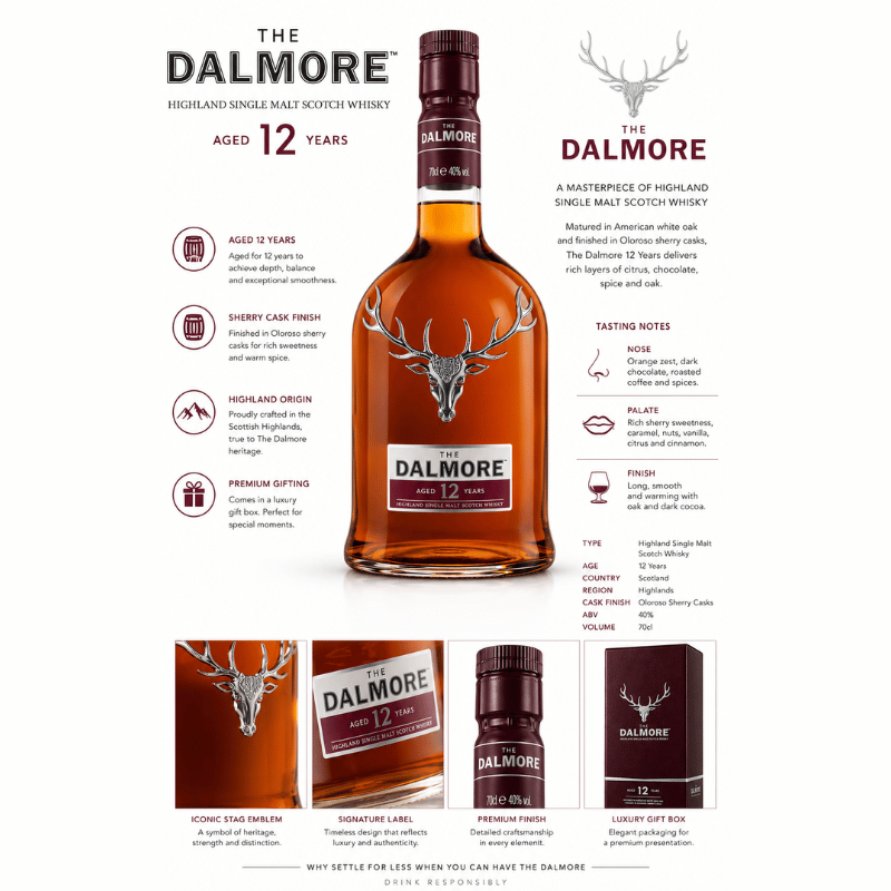 Dalmore whisky bottle with product details on a white background