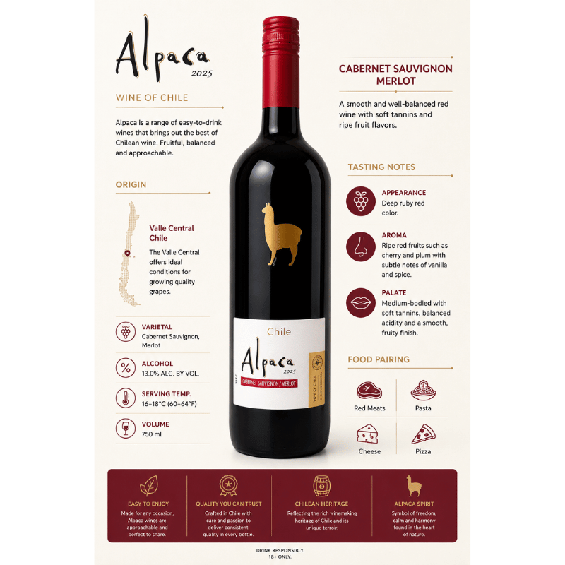 Alpaca Cabernet Sauvignon Merlot wine bottle with product details on a white background
