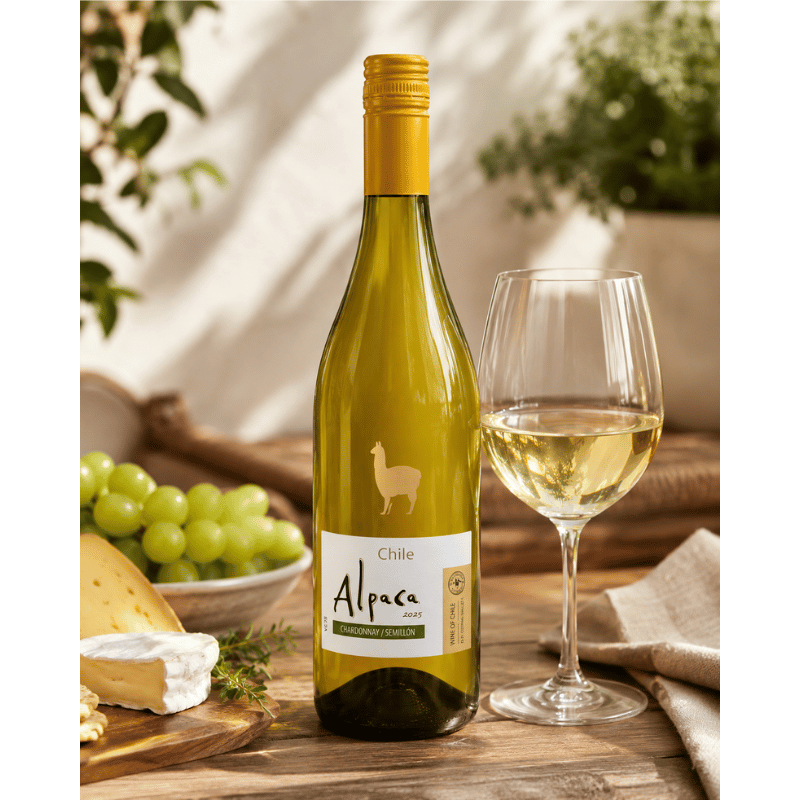 Bottle of Chilean white wine with a glass on a wooden table, surrounded by grapes and cheese.