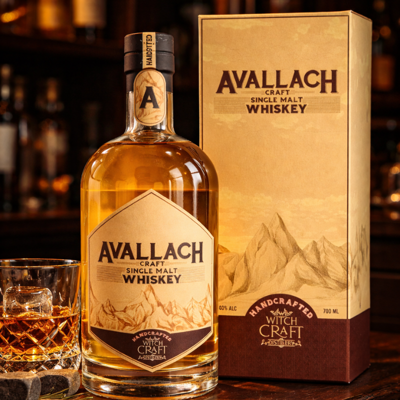 Avallach Single Malt Whiskey bottle with amber pour in moody bar ambience, premium handcrafted whisky