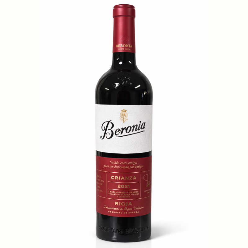Beronia Crianza 2021 Rioja red wine bottle with red label on white background