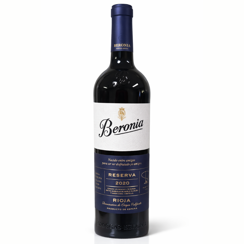 Beronia Reserva 2020 Rioja red wine bottle with blue and gold label on white background