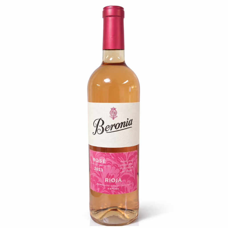 Beronia Rosé 2023 Rioja rosé wine bottle with pink label on white background